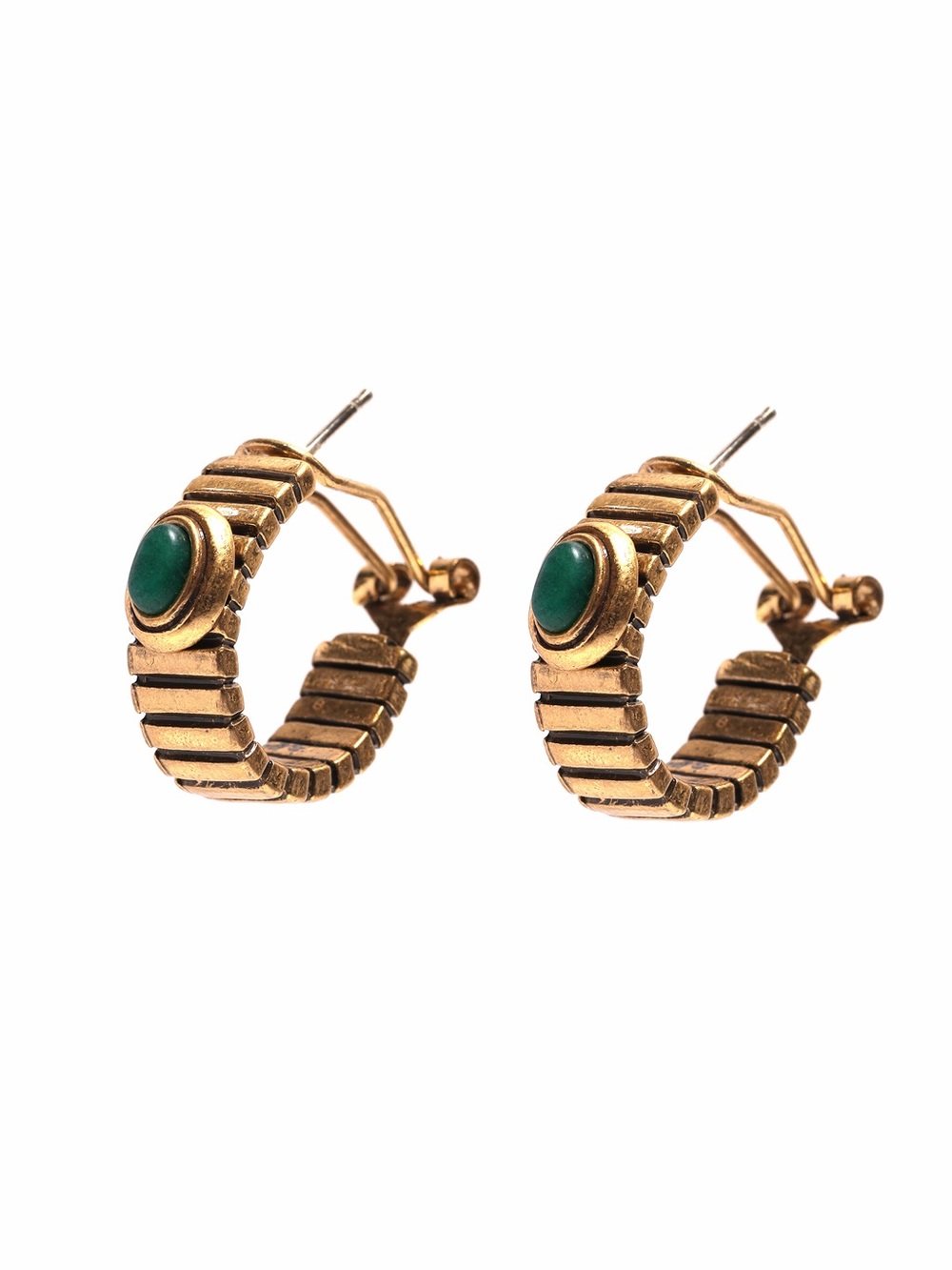 Gold-Tone Hoop Earrings with Green Stone Accent with 925 sterling silver posts